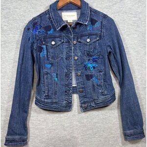 Pilcro & The Letterpress Anthropologie Floral Embroidered Denim Jacket XS Blue‎